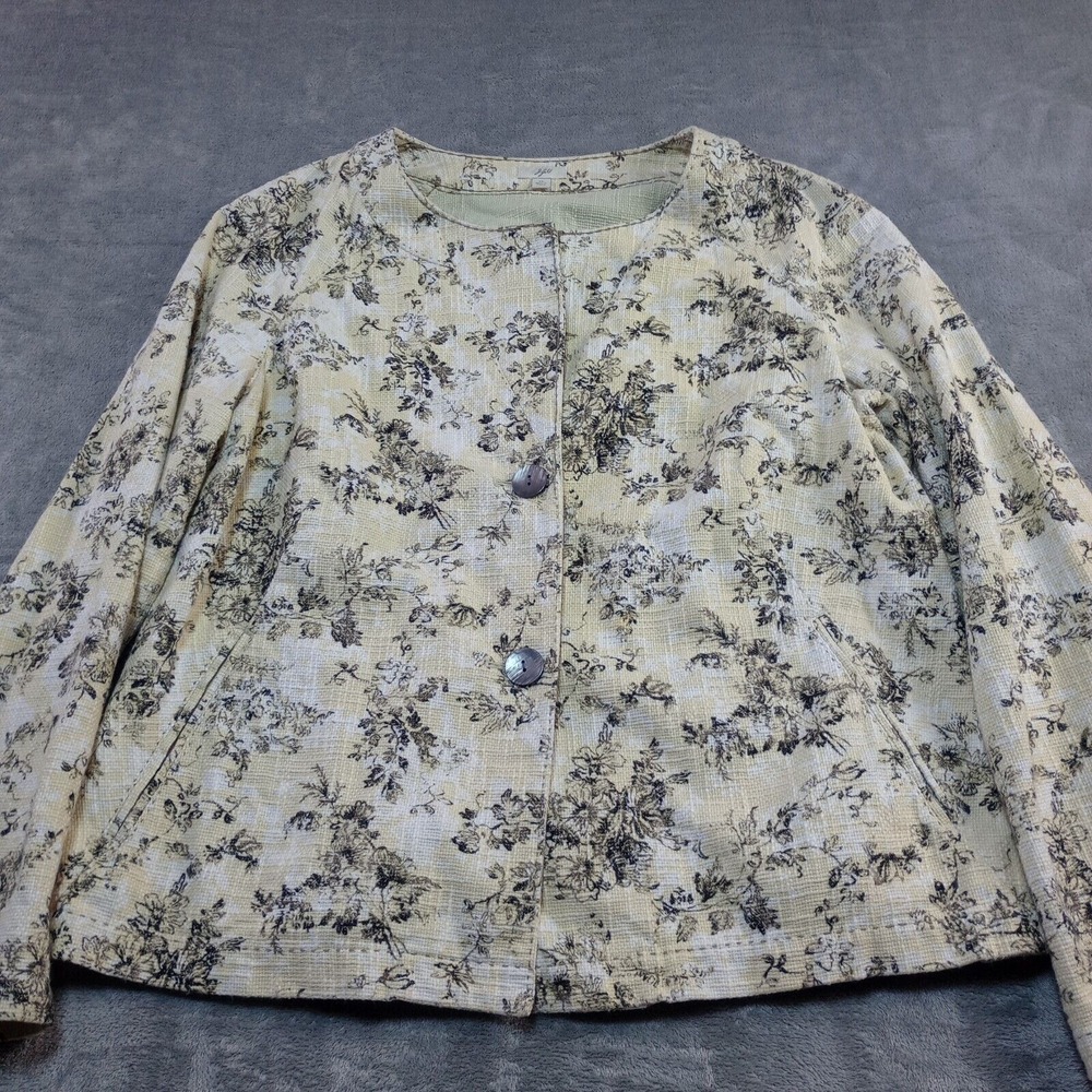J Jill Blazer Jacket Womens Sz XL Yellow Floral Tweed‎ 2 Button 100% Cotton